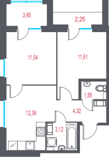 2-комнатная квартира, 46.08 м² в ЖК "Город-спутник Южный" - планировка, фото №1