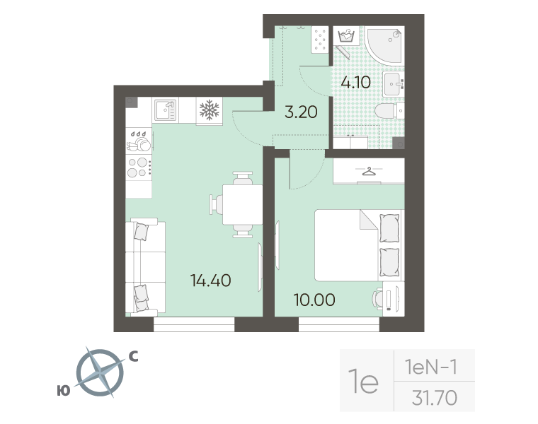 1-комнатная квартира, 31.7 м² в ЖК "Ручьи" - планировка, фото №1