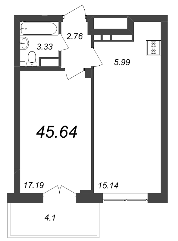 2-комнатная (Евро) квартира, 45.64 м² - планировка, фото №1