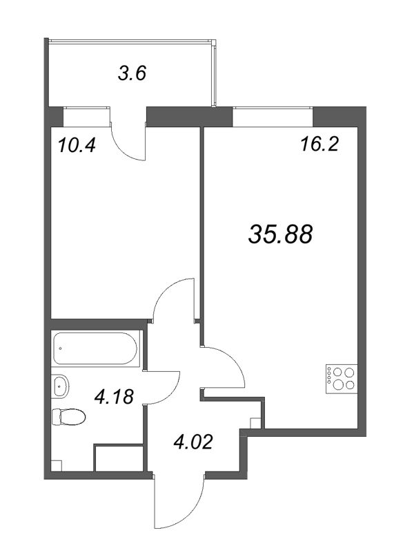 2-комнатная (Евро) квартира, 35.88 м² - планировка, фото №1