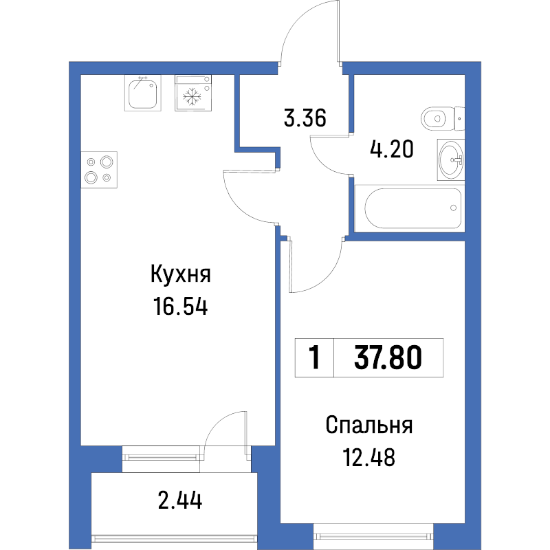 2-комнатная (Евро) квартира, 37.8 м² в ЖК "Урбанист" - планировка, фото №1