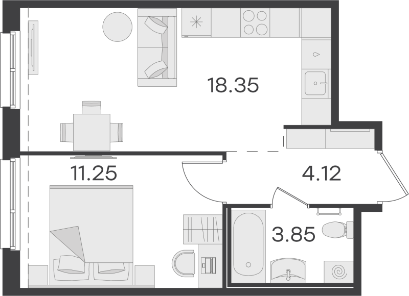 2-комнатная (Евро) квартира, 37.57 м² - планировка, фото №1