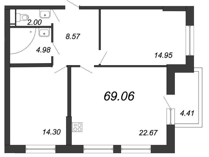 3-комнатная (Евро) квартира, 69.9 м² - планировка, фото №1