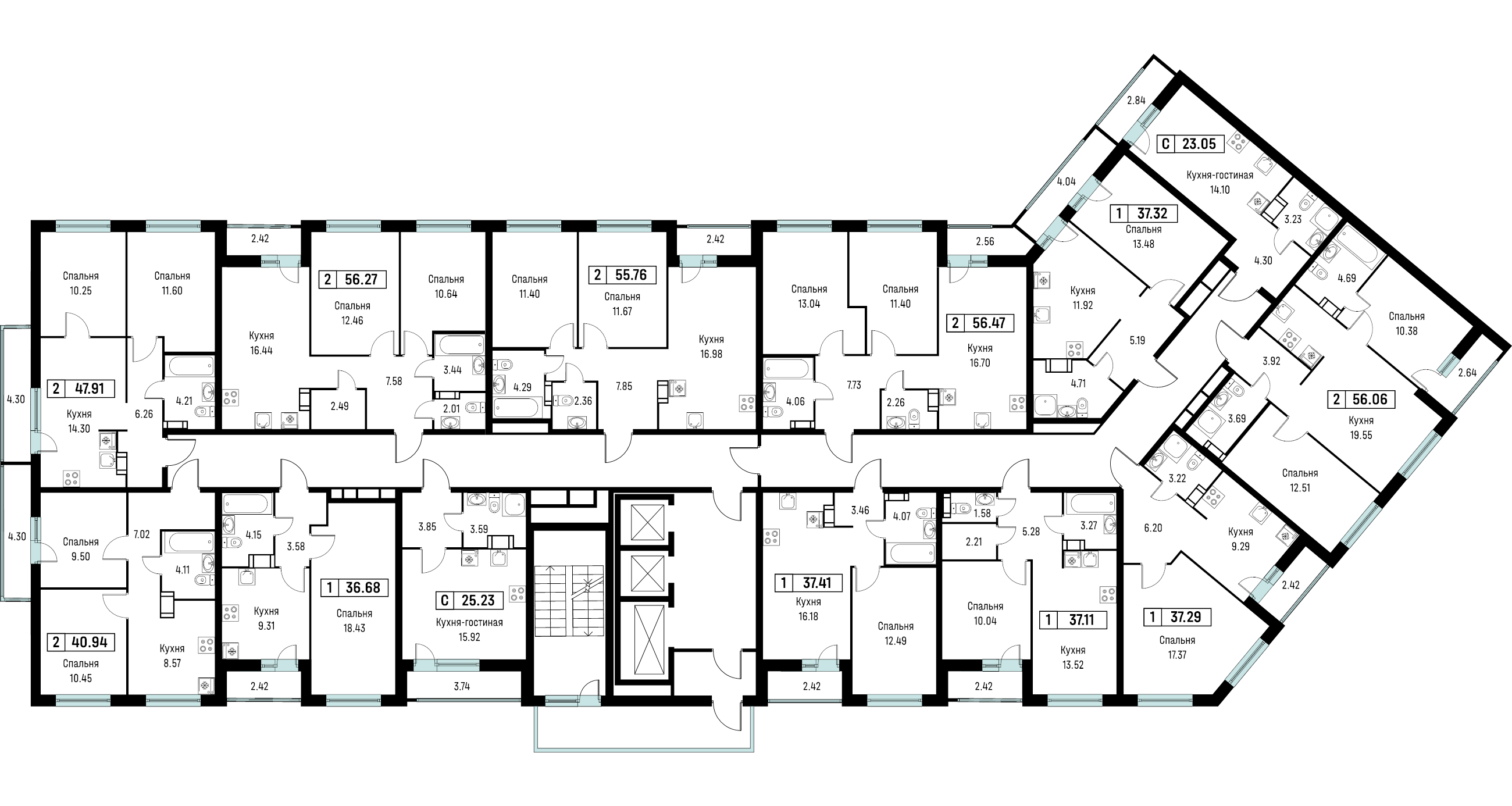 3-комнатная (Евро) квартира, 55.76 м² - планировка этажа