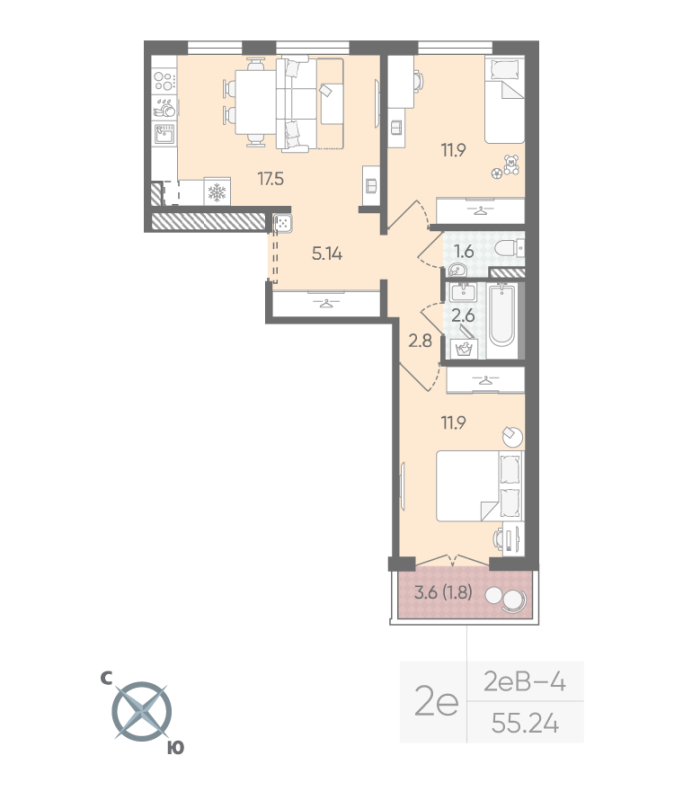 2-комнатная (Евро) квартира, 55.24 м² в ЖК "Пейзажный квартал" - планировка, фото №1