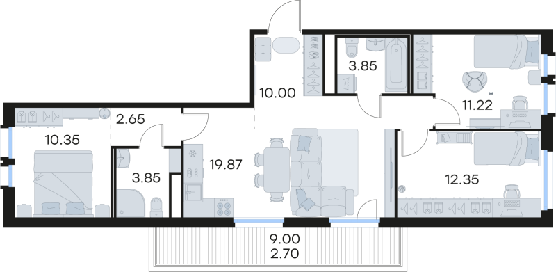 4-комнатная (Евро) квартира, 76.84 м² в ЖК "GloraX Парголово" - планировка, фото №1