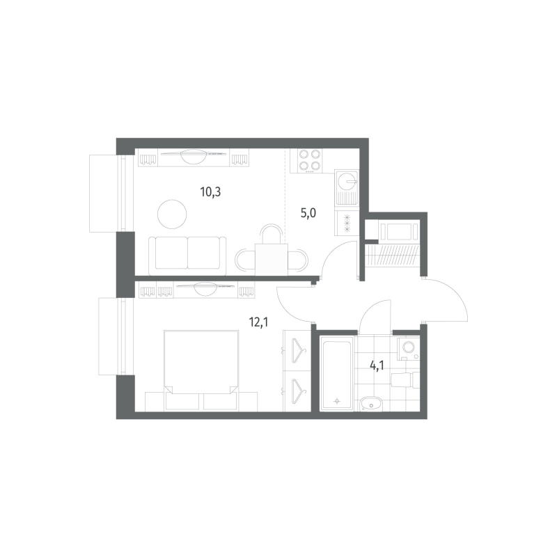 2-комнатная (Евро) квартира, 35.4 м² в ЖК "Парусная 1" - планировка, фото №1