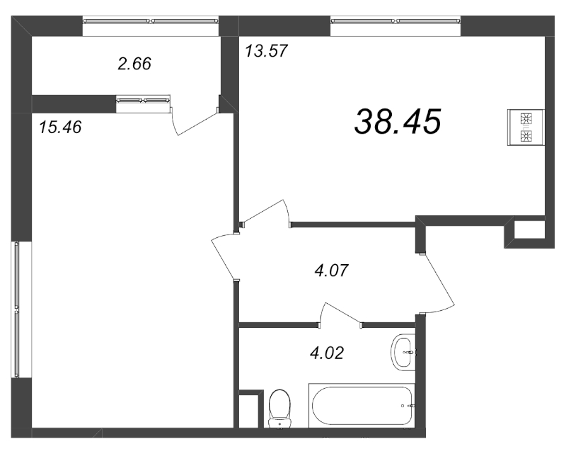 1-комнатная квартира, 38.45 м² - планировка, фото №1