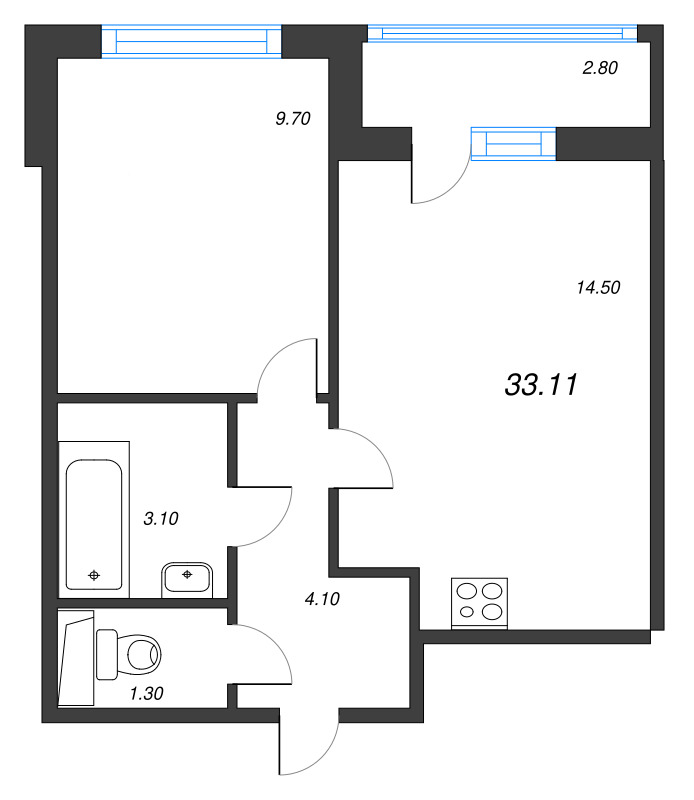 1-комнатная квартира, 33.8 м² - планировка, фото №1