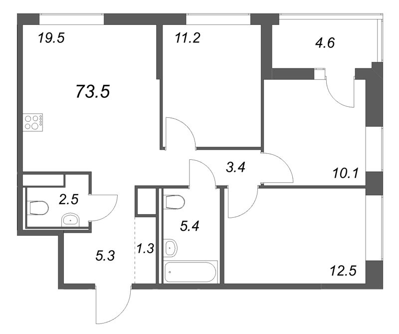 4-комнатная (Евро) квартира, 73.5 м² в ЖК "Янила Форест" - планировка, фото №1