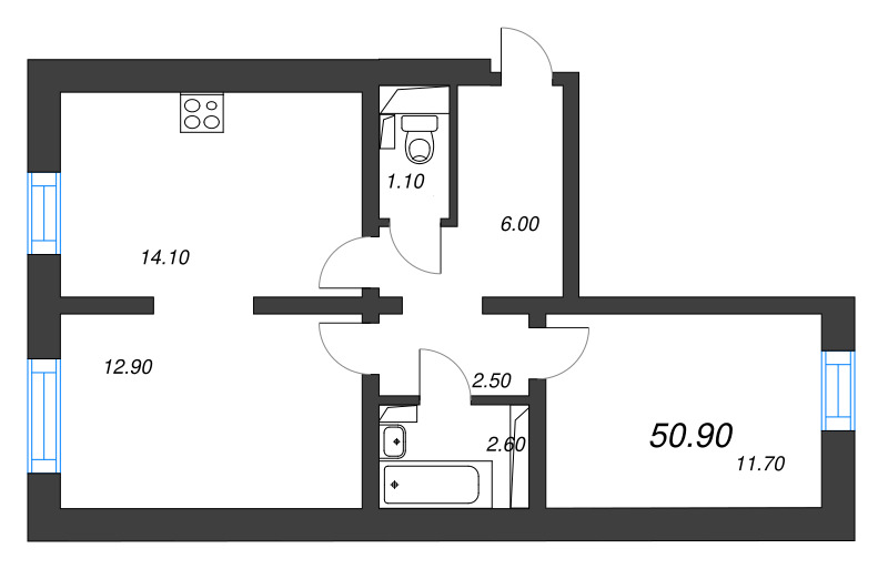 2-комнатная квартира, 50.9 м² - планировка, фото №1