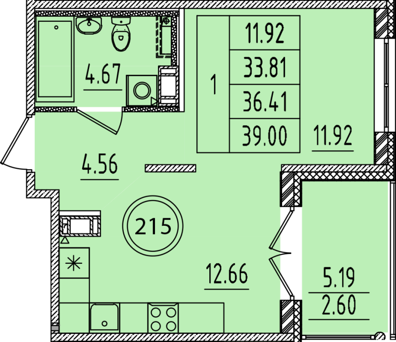 1-комнатная квартира, 33.81 м² в ЖК "Образцовый квартал 14" - планировка, фото №1