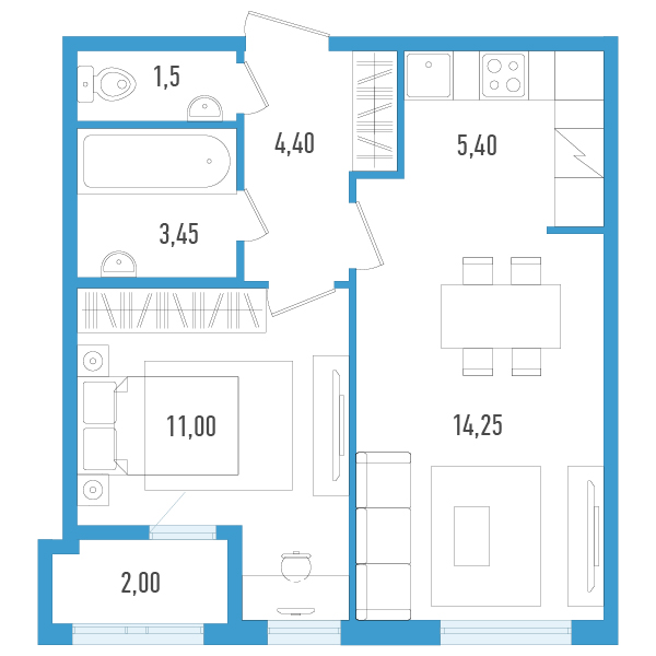 1-комнатная квартира, 41 м² в ЖК "AEROCITY" - планировка, фото №1