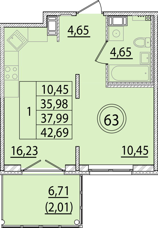 2-комнатная (Евро) квартира, 35.98 м² в ЖК "Образцовый квартал 15" - планировка, фото №1