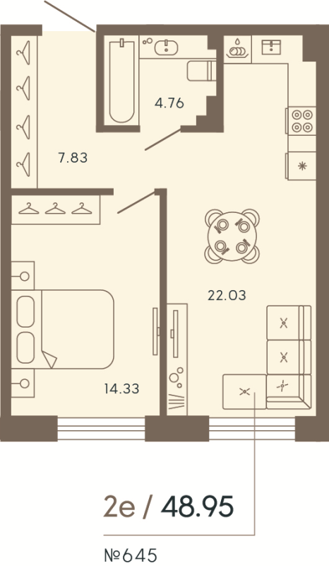 2-комнатная (Евро) квартира, 48.95 м² в ЖК "17/33 Петровский остров" - планировка, фото №1