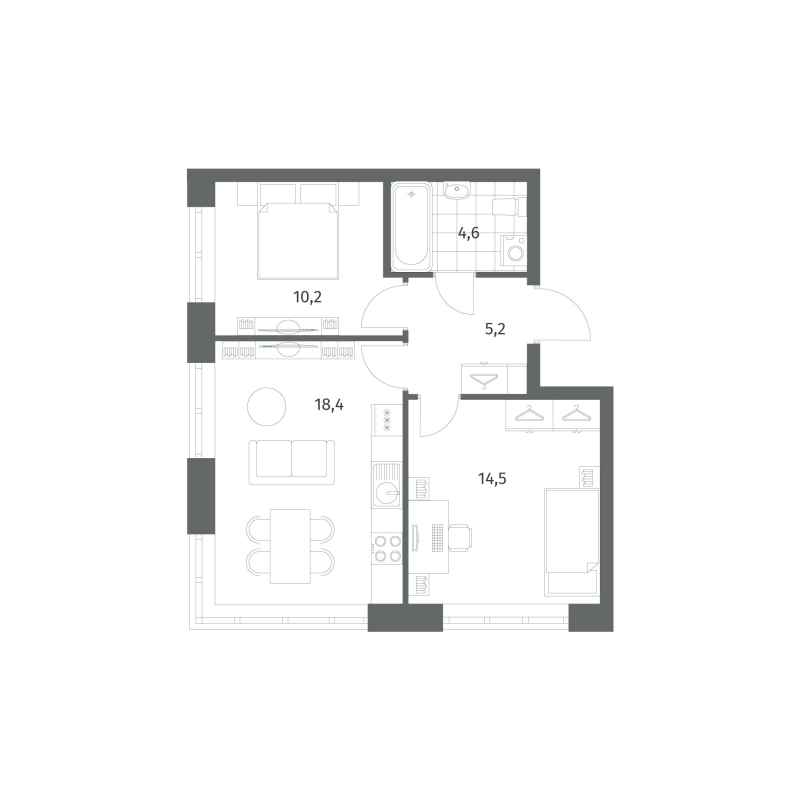 3-комнатная (Евро) квартира, 52.89 м² в ЖК "Новый Питер" - планировка, фото №1