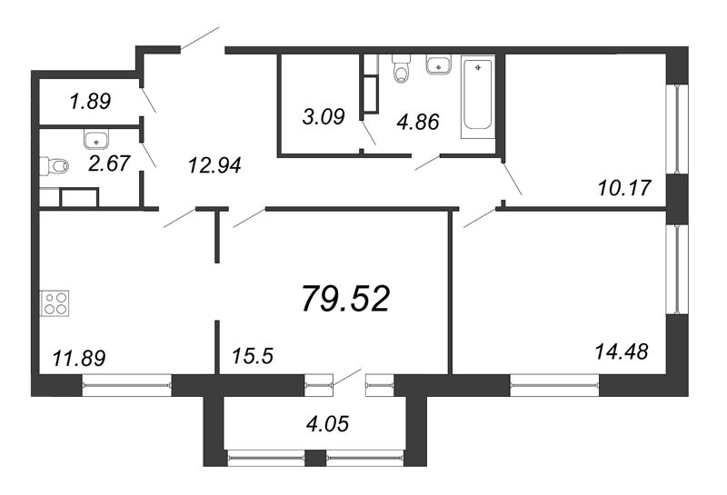3-комнатная квартира, 79.52 м² - планировка, фото №1