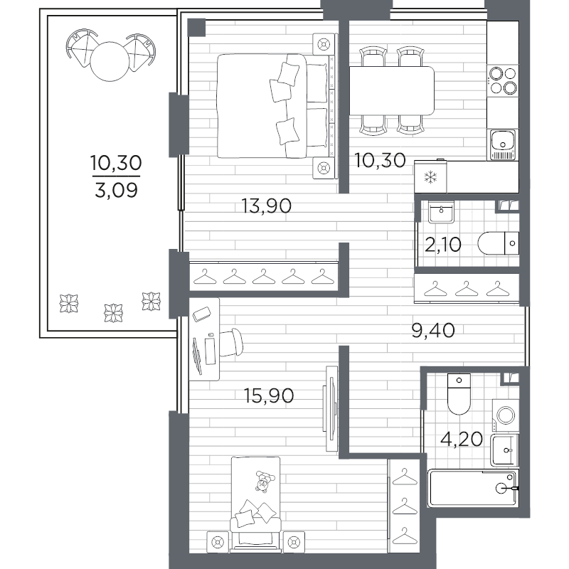 2-комнатная квартира, 58.89 м² в ЖК "PLUS Пулковский" - планировка, фото №1