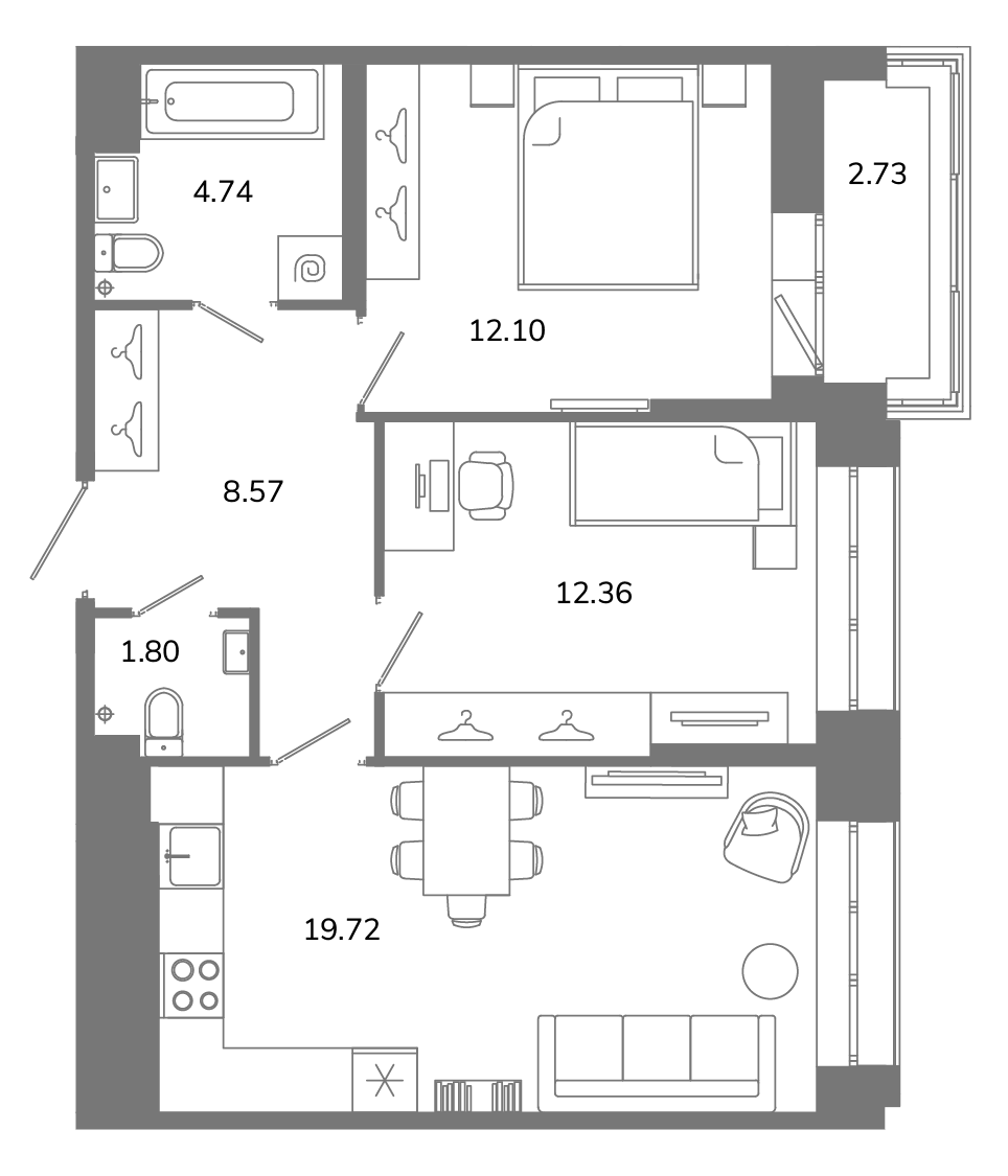 3-комнатная (Евро) квартира, 60.65 м² в ЖК "Твой космос" - планировка, фото №1