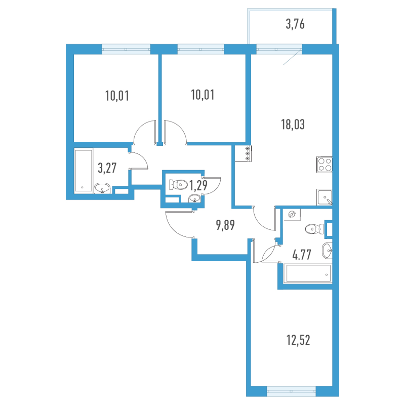 4-комнатная (Евро) квартира, 70.92 м² в ЖК "Аэросити" - планировка, фото №1