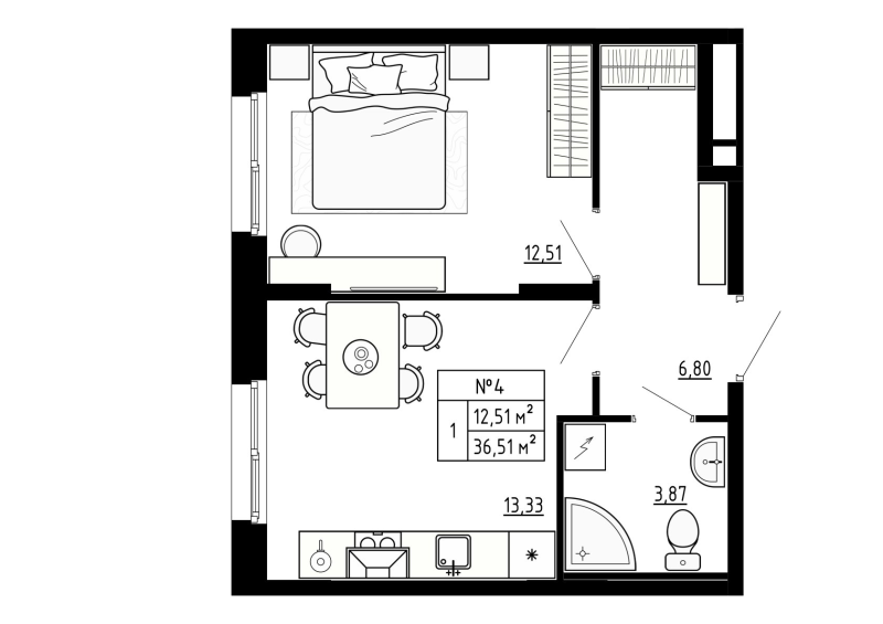 1-комнатная квартира, 36.51 м² - планировка, фото №1