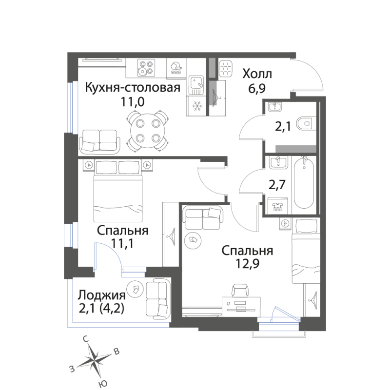 2-комнатная квартира, 48.8 м² в ЖК "Экография" - планировка, фото №1