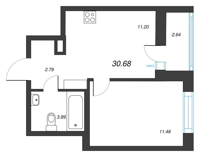 1-комнатная квартира, 30.68 м² - планировка, фото №1
