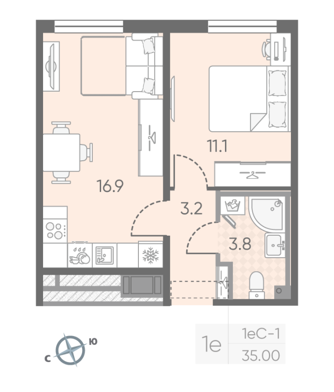 1-комнатная квартира, 35 м² в ЖК "Октябрьская набережная" - планировка, фото №1