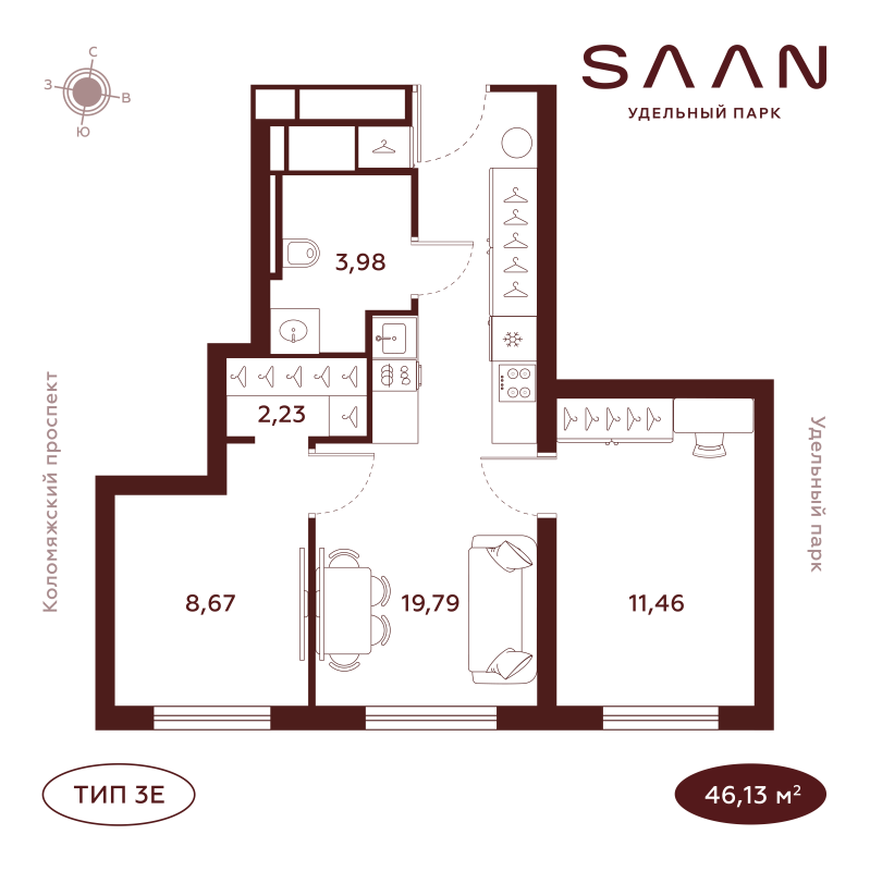 3-комнатная (Евро) квартира, 46.17 м² в ЖК "SAAN Удельный парк" - планировка, фото №1