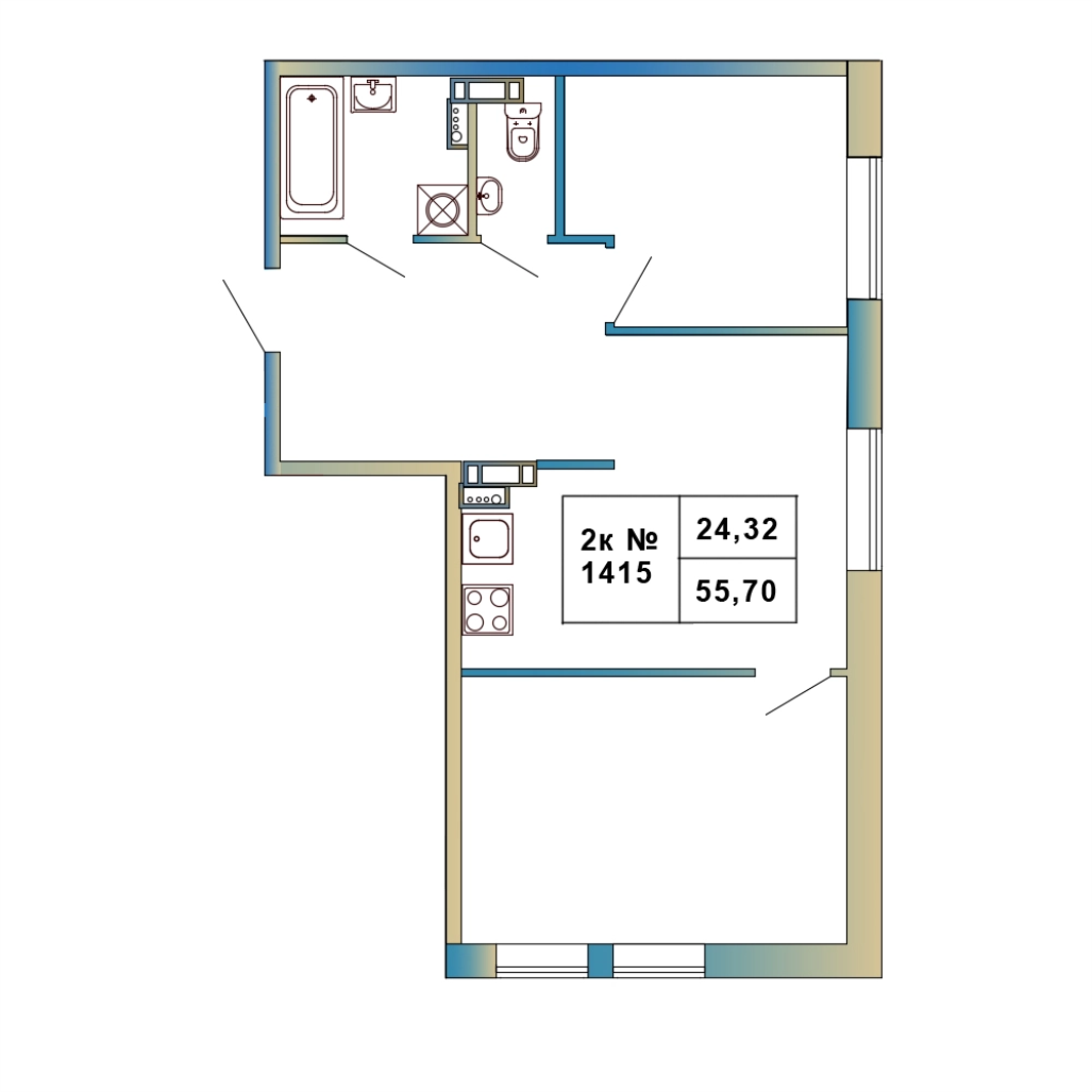 2-комнатная квартира, 55.7 м² в ЖК "Атмосфера Выборга" - планировка, фото №1