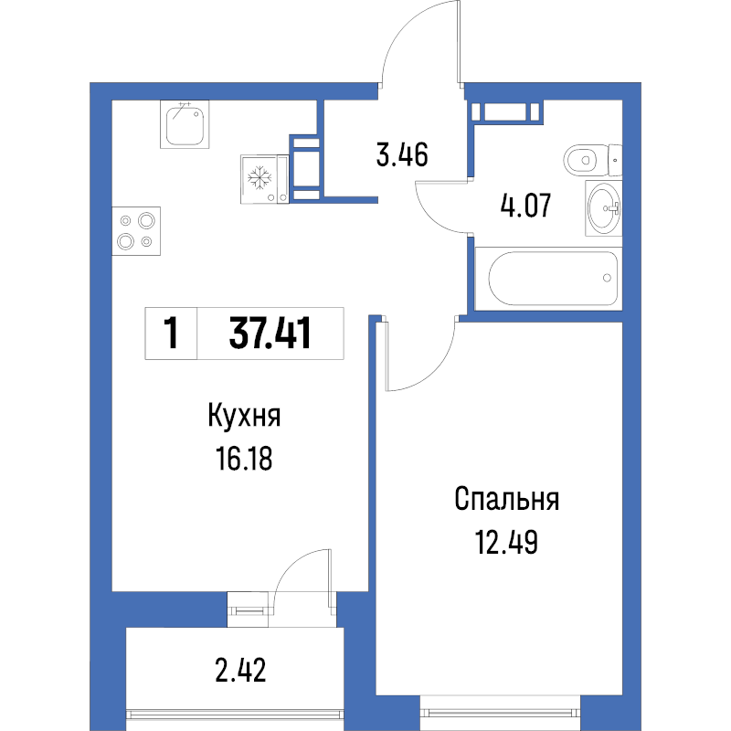 2-комнатная (Евро) квартира, 37.41 м² в ЖК "Урбанист" - планировка, фото №1