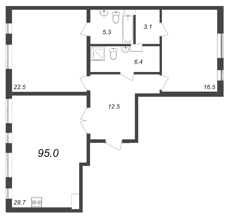 2-комнатная квартира, 95.1 м² в ЖК "Domino Premium" - планировка, фото №1