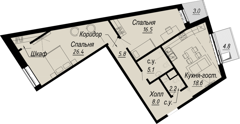 3-комнатная (Евро) квартира, 86.5 м² - планировка, фото №1