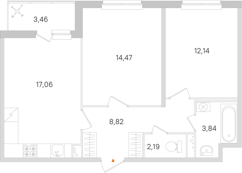3-комнатная (Евро) квартира, 58.52 м² в ЖК "Ясно.Янино" - планировка, фото №1