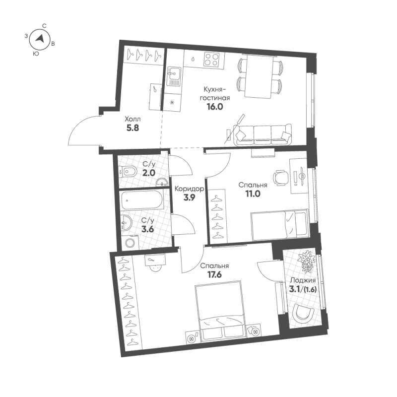 3-комнатная (Евро) квартира, 61.5 м² в ЖК "Ягодное Река Парк" - планировка, фото №1