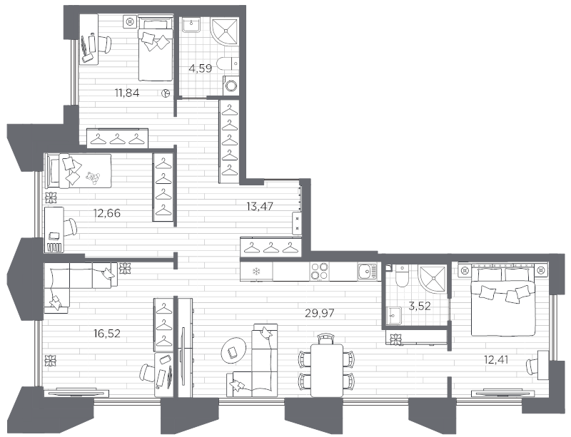 5-комнатная (Евро) квартира, 104.98 м² в ЖК "Галерная гавань" - планировка, фото №1