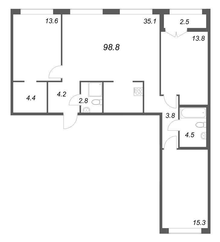 4-комнатная (Евро) квартира, 98.8 м² в ЖК "Кронунг ЮГ" - планировка, фото №1