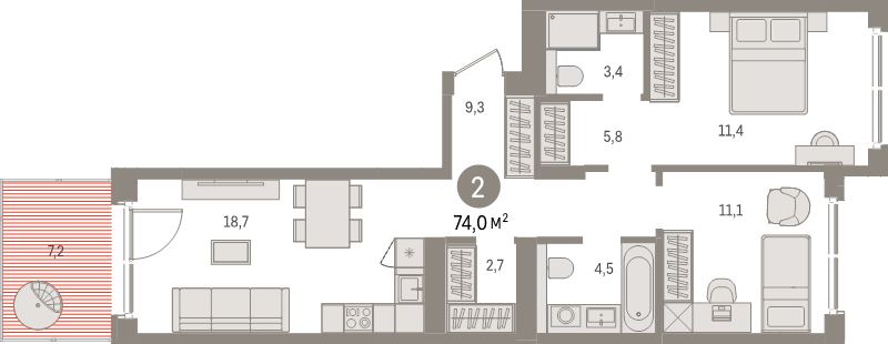 3-комнатная (Евро) квартира, 74 м² в ЖК "Брусника в Новоселье" - планировка, фото №1