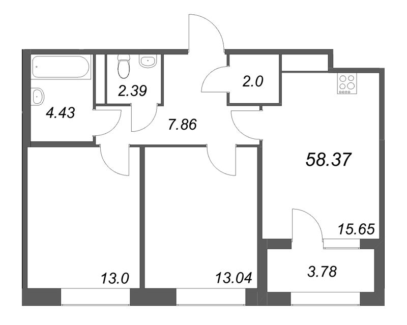 3-комнатная (Евро) квартира, 58.37 м² в ЖК "Дом на Курской" - планировка, фото №1