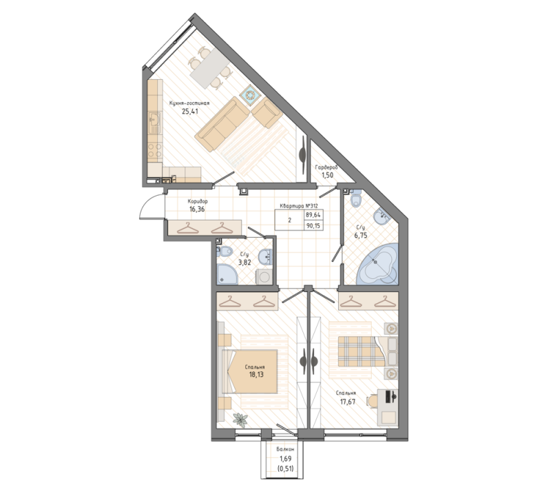 2-комнатная квартира, 91 м² в ЖК "Мануфактура James Beck" - планировка, фото №1