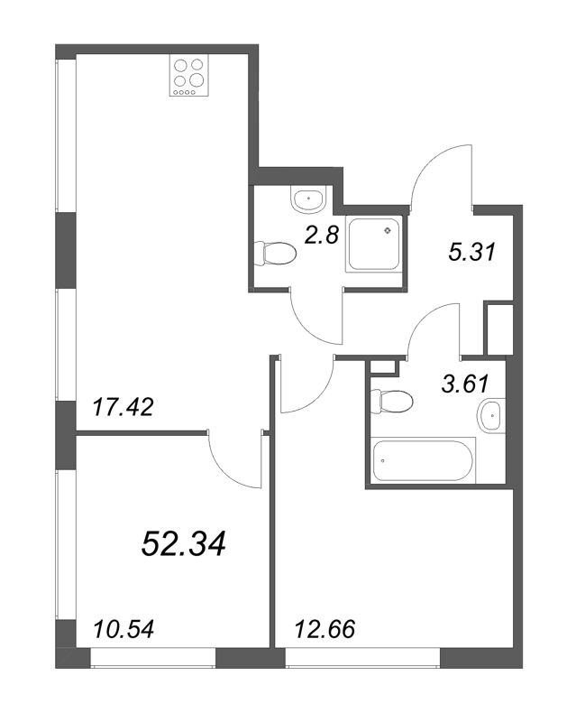 3-комнатная (Евро) квартира, 52.34 м² - планировка, фото №1
