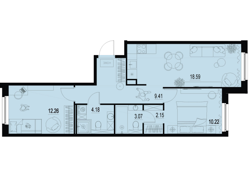 3-комнатная (Евро) квартира, 59.88 м² - планировка, фото №1