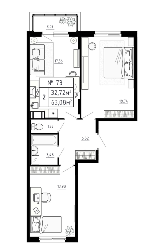 3-комнатная (Евро) квартира, 63.08 м² - планировка, фото №1