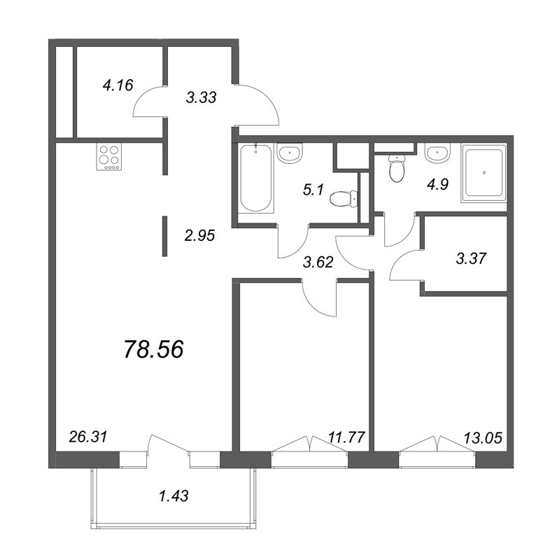 3-комнатная (Евро) квартира, 78.56 м² в ЖК "Большой, 67" - планировка, фото №1