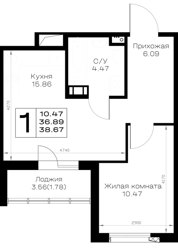 2-комнатная (Евро) квартира, 38.67 м² в ЖК "Борский" - планировка, фото №1