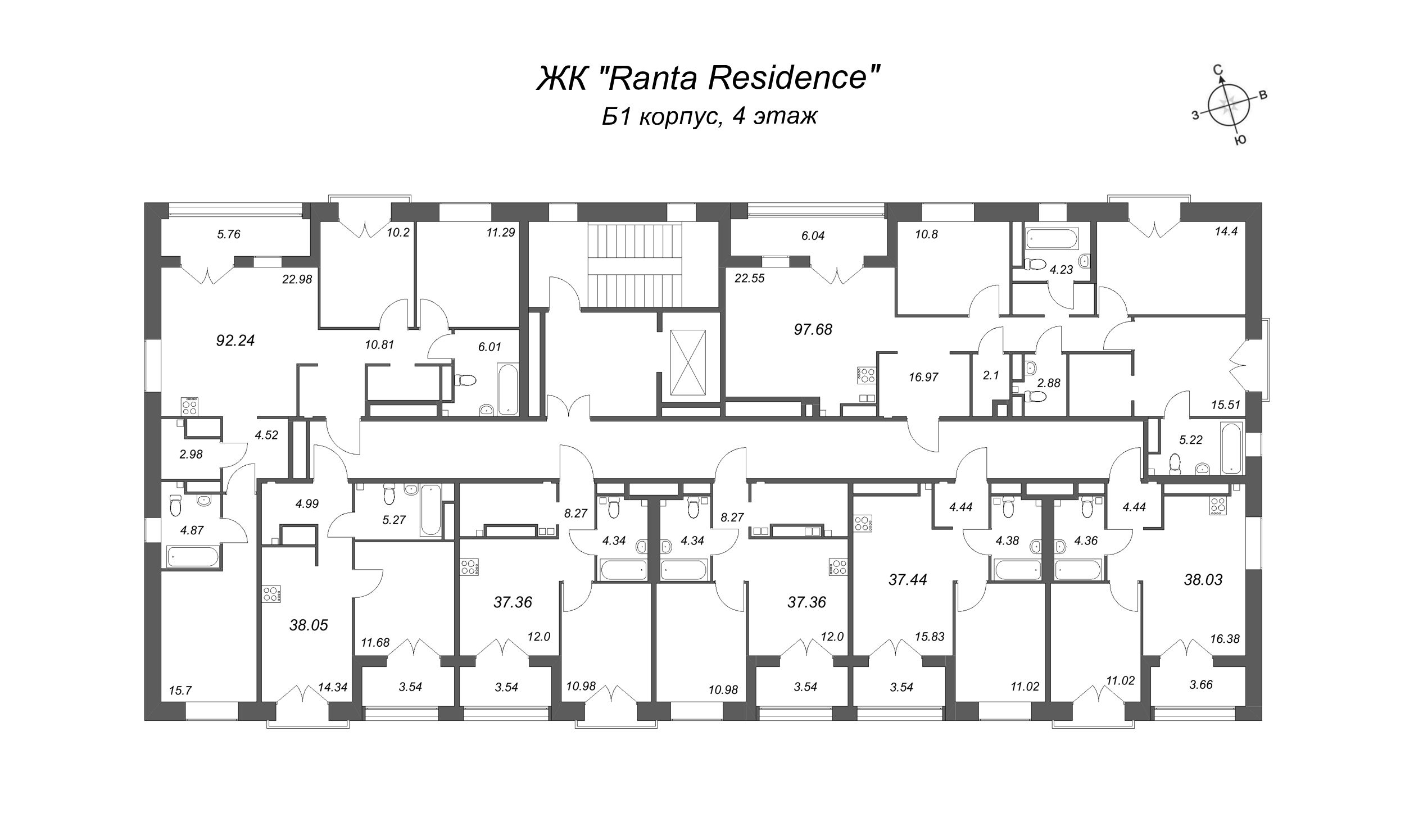 4-комнатная (Евро) квартира, 97.68 м² - планировка этажа