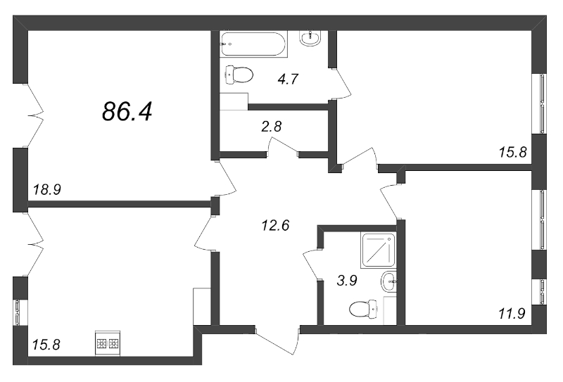 3-комнатная квартира, 86.4 м² - планировка, фото №1