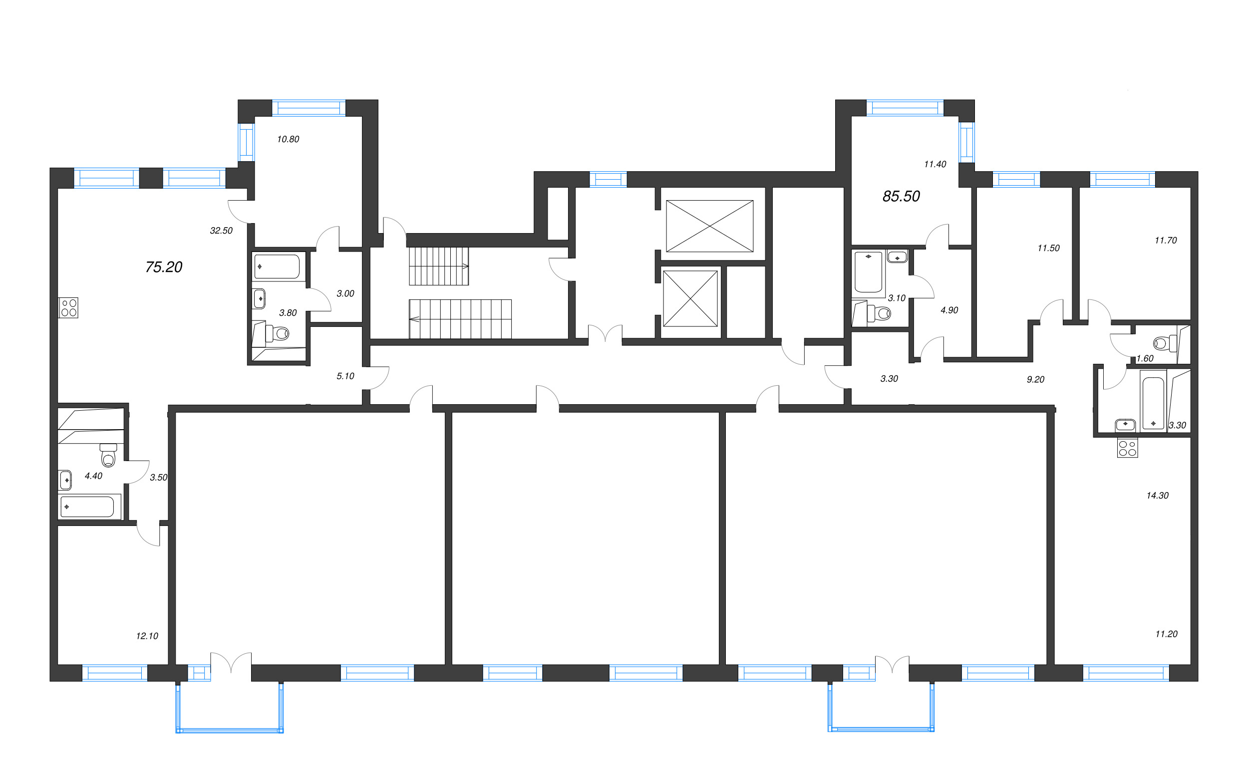 3-комнатная (Евро) квартира, 59.5 м² в ЖК "Легенда на Охте" - планировка этажа