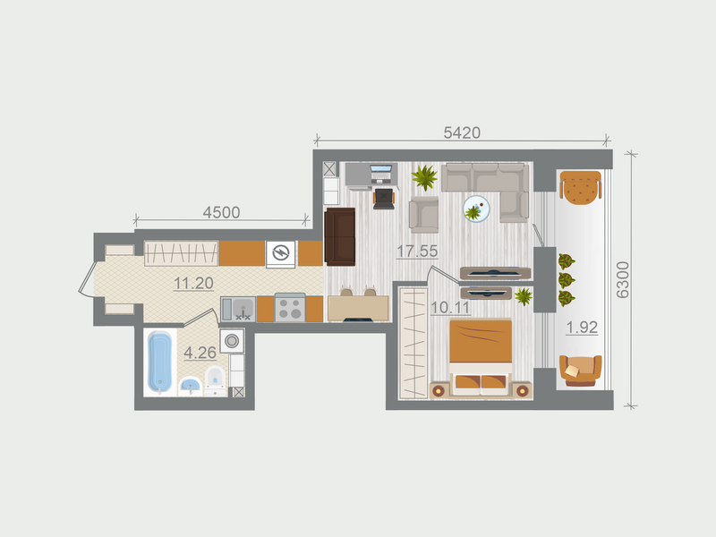 1-комнатная квартира, 45.04 м² в ЖК "Эко Квартал Гармония" - планировка, фото №1