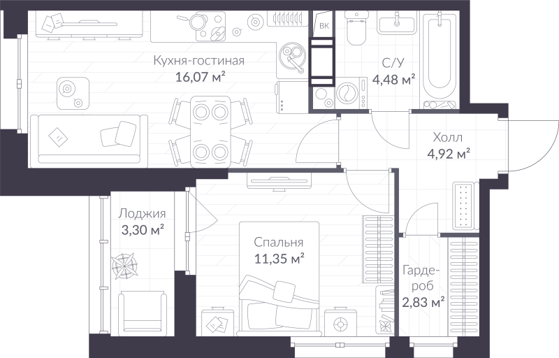 2-комнатная (Евро) квартира, 41.3 м² в ЖК "VEREN NORT сертолово" - планировка, фото №1